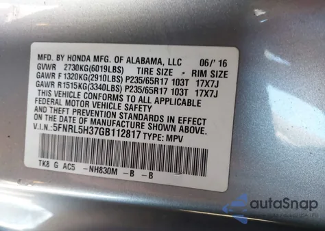 2016 Honda Odyssey Se из США, поврежденный, VIN 5FNRL5H37GB112817